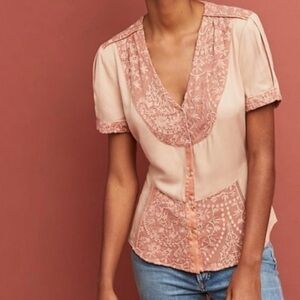 ❤️Tiny for Anthropologie Talia Peach Lace Trim Blouse XS